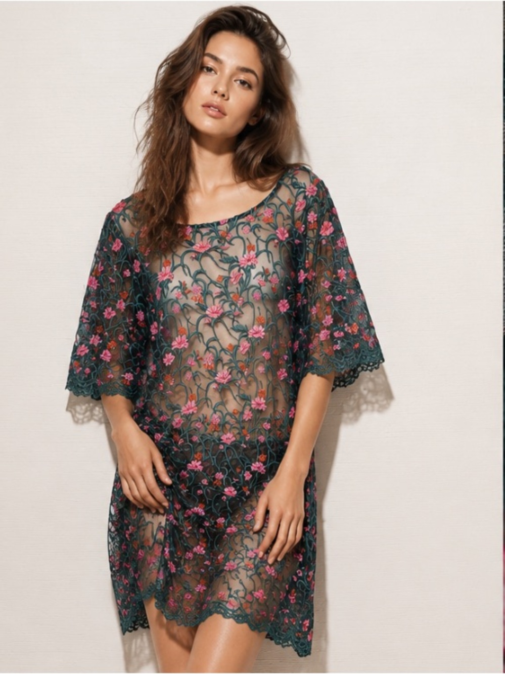 MOULINETTE SOEURS Anthropoligie Embroidered Mesh Lace Floral Tunic Sheer